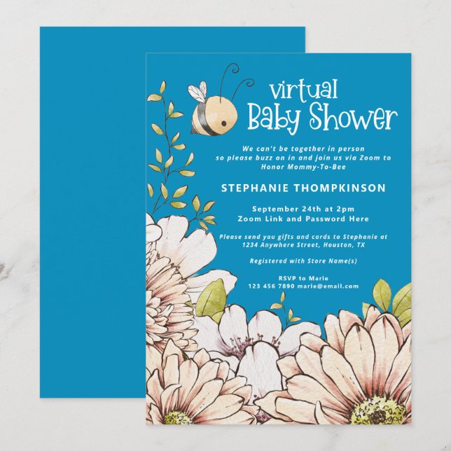 Bumblebee Florals Blue Virtual Baby Shower Invitation (Front/Back)