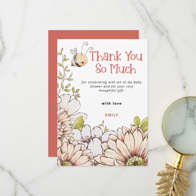 Bumblebee Florals Coral Baby Shower Thank You Card (Front/Back In Situ)