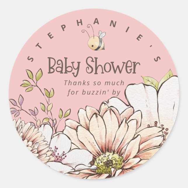 Bumblebee Florals Name Thank You Baby Pink Shower Classic Round Sticker (Front)