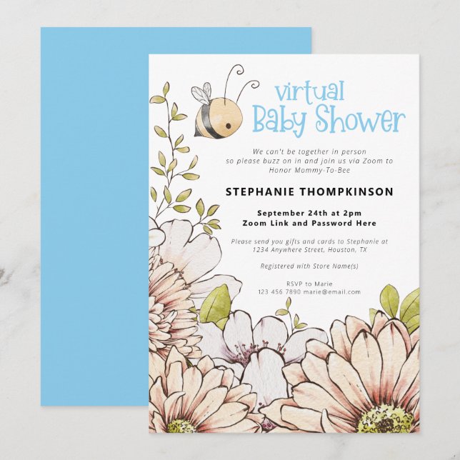 Bumblebee Florals Virtual Baby Blue Shower Invitation (Front/Back)