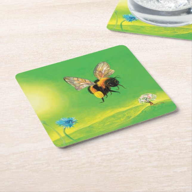 Bumblebee Flying over the Meadow   Square Paper Coaster (Angled)