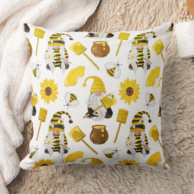 Bumblebee Gnomes & Sunflowers Pattern Throw Pillow (Blanket)