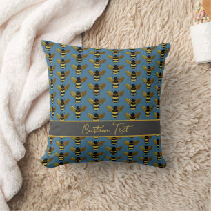 BUMBLEBEE GOLD BLACK BEE REPEATING PATTERN BLUE THROW PILLOW