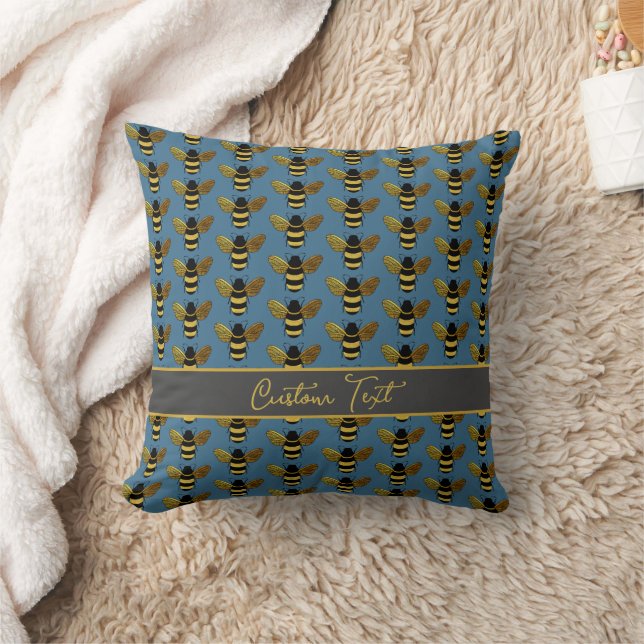 BUMBLEBEE GOLD BLACK BEE REPEATING PATTERN BLUE THROW PILLOW (Blanket)