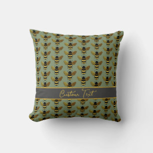 BUMBLEBEE GOLD BLACK BEE REPEATING PATTERN GREEN THROW PILLOW