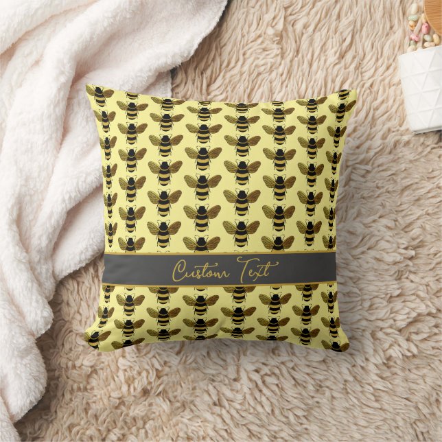 BUMBLEBEE GOLD BLACK BEE REPEATING PATTERN YELLOW THROW PILLOW (Blanket)