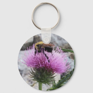 Bumblebee Harvesting a Purple Thristle Flower Keychain