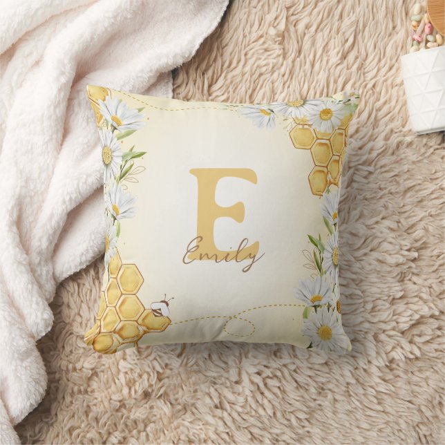 Bumblebee Honey Bee Monogram Name Kid Baby Nursery Throw Pillow (Blanket)