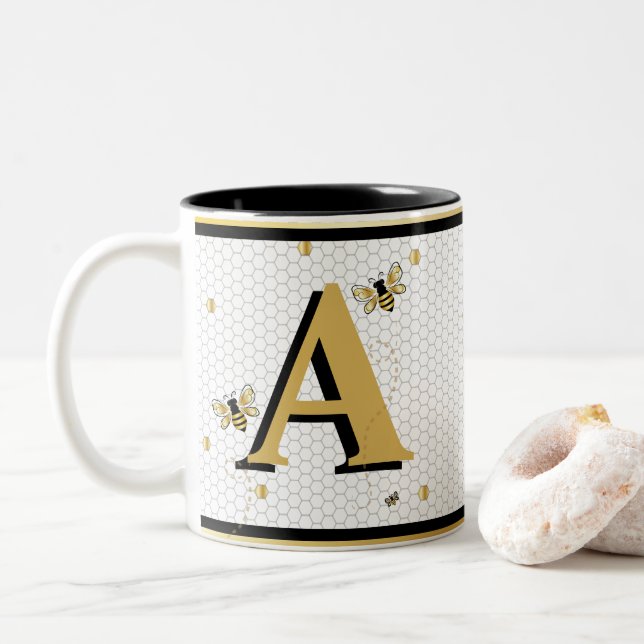 Bumblebee Honeycomb Monogrammed Two-Tone Coffee Mug (With Donut)