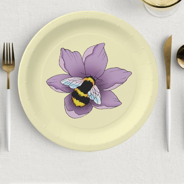 Bumblebee Lavender Flower Yellow Paper Plate (Creator Uploaded)