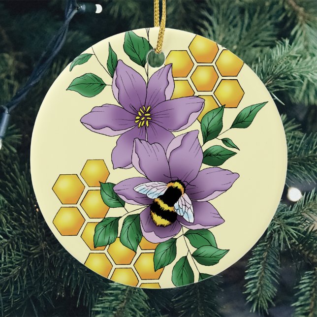 Bumblebee Lavender Flowers Yellow Ceramic Ornament (Creator Uploaded)