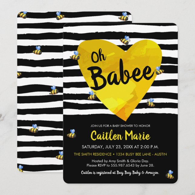 Bumblebee Oh Babee Yellow Black White Baby Shower Invitation (Front/Back)