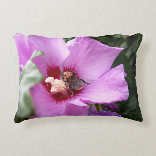 Bumblebee on Hibiscus Flower Accent Pillow (Front)
