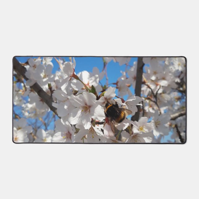 Bumblebee on wild cherry bloom desk mat (Front)