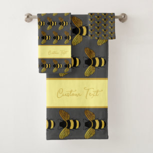 BUMBLEBEE PATTERN GOLD BLACK BEE ON GRAY BROWN BATH TOWEL SET