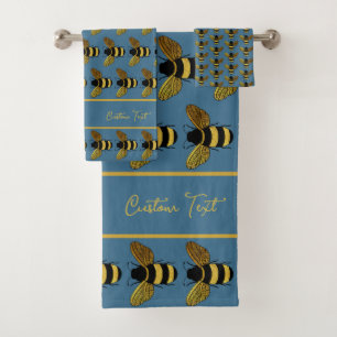 BUMBLEBEE PATTERN YELLOW GOLD BLACK BEE ON BLUE BATH TOWEL SET