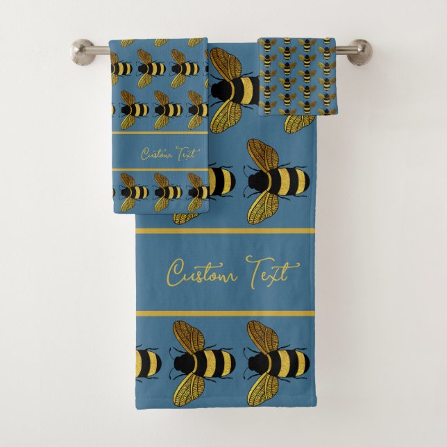 BUMBLEBEE PATTERN YELLOW GOLD BLACK BEE ON BLUE BATH TOWEL SET (Insitu)