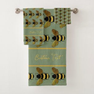 BUMBLEBEE PATTERN YELLOW GOLD BLACK BEE ON GREEN BATH TOWEL SET