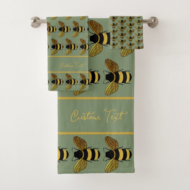 BUMBLEBEE PATTERN YELLOW GOLD BLACK BEE ON GREEN BATH TOWEL SET (Insitu)