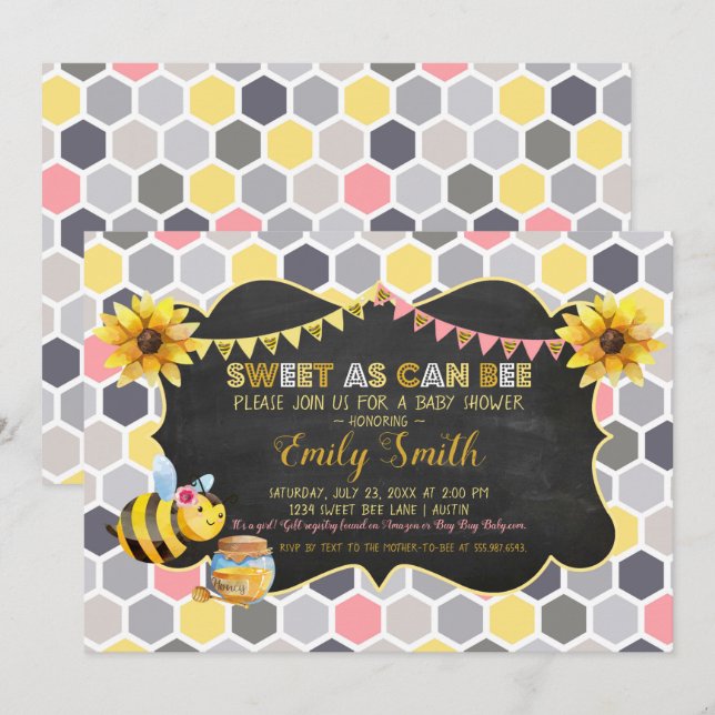 Bumblebee Sweet As Can Bee Girl Baby Shower Invitation (Front/Back)