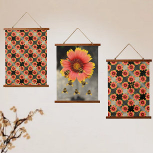 Bumblebees and Gaillardia Flowers Boho Chic Hanging Tapestry