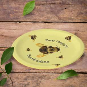 Bumblebees Bee Happy Yellow Paper Plate