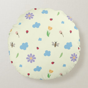 Bumblebees, Ladybugs & Wildflowers Pattern Round Pillow