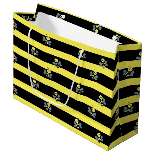 Bumblebees on Black Yellow Striped Large Gift Bag (Front Angled)