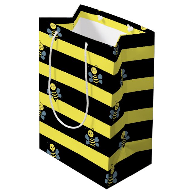 Bumblebees on Black Yellow Striped Medium Gift Bag (Back Angled)