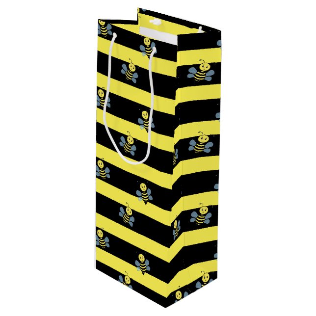Bumblebees on Black Yellow Striped Wine Gift Bag (Front Angled)