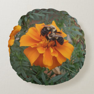 Bumblebees on Marigold Flower Round Pillow