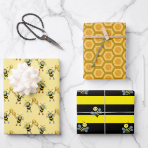 Bumblebees with heart & honeycomb pattern wrapping wrapping paper sheet