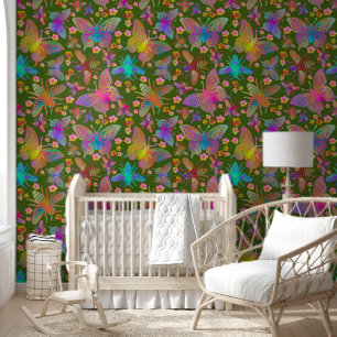 Bumbling Butterflies in Moss Wallpaper