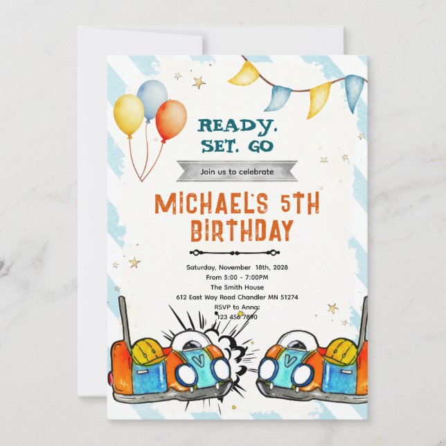 Bumper car birthday party invitation (Front)
