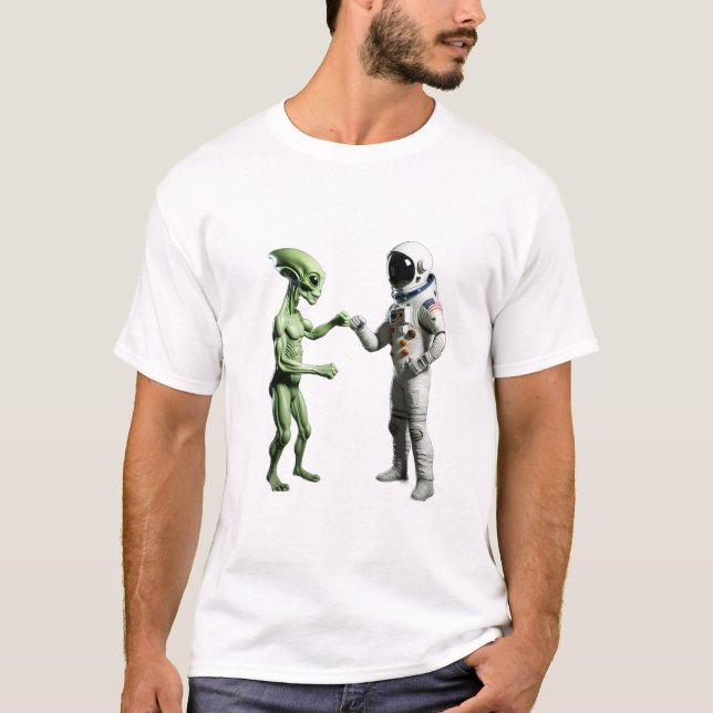 Bumping Fists Astronaut Alien Sci-Fi T-Shirt (Front)
