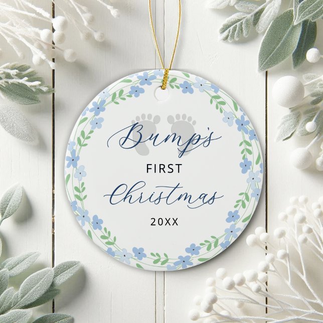 Bump's First Christmas Footprints Blue Holiday  Ceramic Ornament (Creator Uploaded)