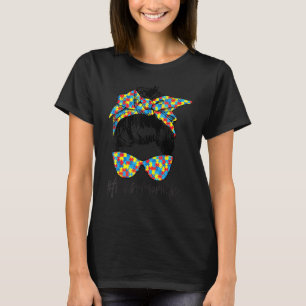 Bun Hair Sunglasses Camouflage Autism Awareness T-Shirt