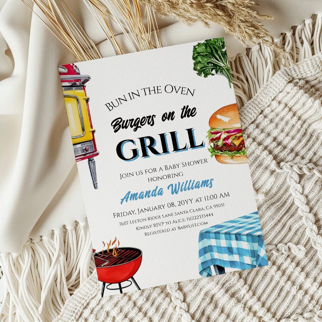 Bun in Oven Burger on Grill Boy BBQ Baby Shower Invitation (Creator Uploaded)