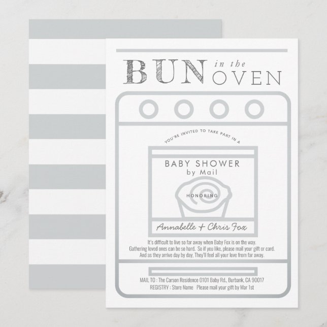 Bun in the Oven Grey Baby Shower by Mail Invitation (Front/Back)