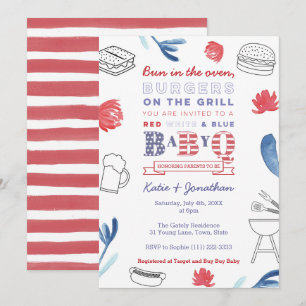 Bun in the Oven Red White Blue Couples Baby Shower Invitation