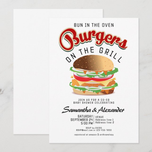 Bun On The Oven Burger BBQ Retro CO-ED Baby Shower Invitation (Front/Back)