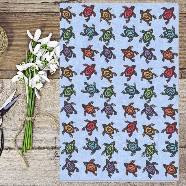 Bunch of Abstract Turtles Colourful shells Blue Tissue Paper (Bunch of abstract turtles in multiple bright colours on light blue tissue wrapping paper.)