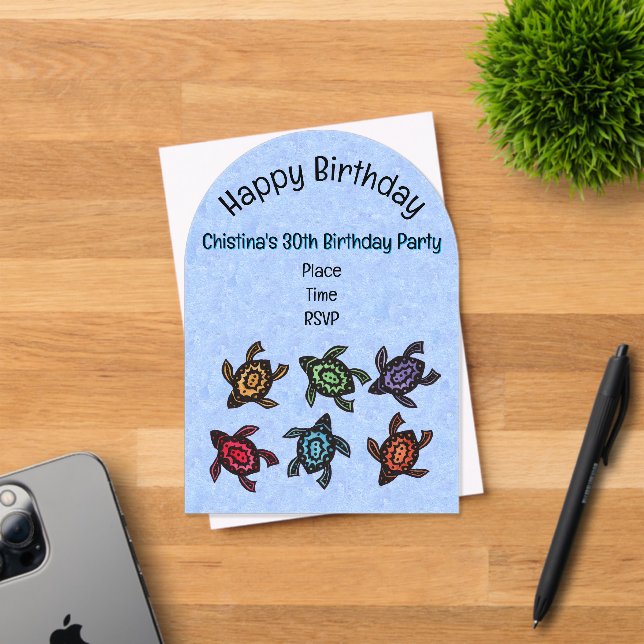 Bunch of Colourful Abstract Turtles Blue Birthday Acrylic Invitations (Insitu (Invitation Card))