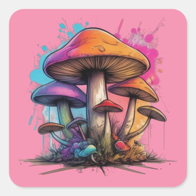Bunch of Colourful Mushrooms Square Sticker (Front)