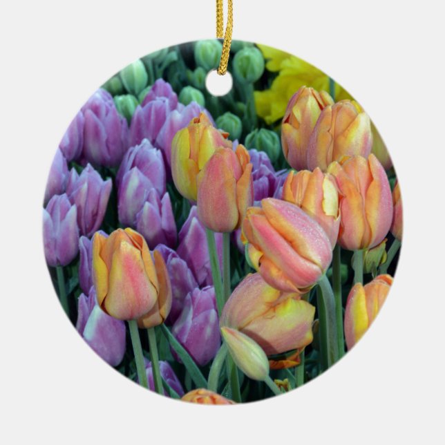 Bunch of colourful tulips ceramic ornament (Front)