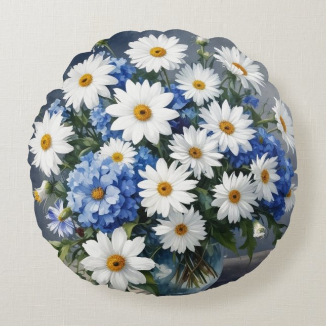 Bunch of Flowers Elegant Daisies Watercolor Round Pillow (Front)