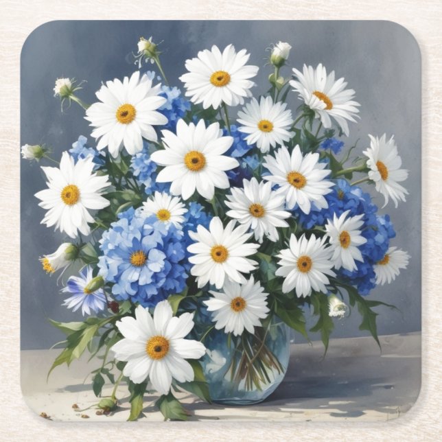 Bunch of Flowers Elegant Daisies Watercolor Square Paper Coaster (Front)