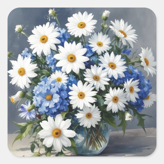 Bunch of Flowers Elegant Daisies Watercolor Square Sticker (Front)
