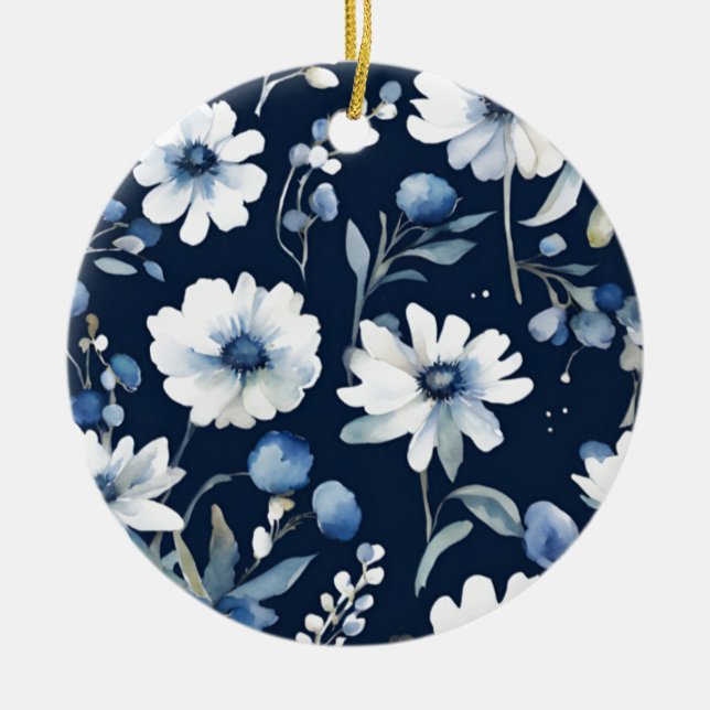 Bunch of Flowers Elegant Watercolor Blue Ceramic Ornament (Front)