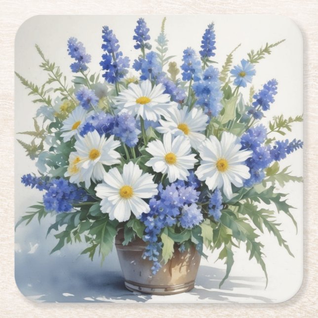 Bunch of Flowers Elegant Watercolor Square Paper Coaster (Front)
